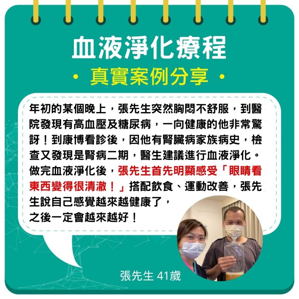 年初的某個晚上,張大哥突然胸悶不舒服,到醫院發現有高血壓及糖尿病,一向健康的他非常驚訝!到康博看診後,因他有腎臟病家族病史,檢查又發現是腎病二期有洗腎可能,醫生建議進行血液淨化做血管大掃除。做完血液淨化後,張大哥首先明顯感受「眼睛看東西變得很清澈!」搭配飲食、運動改善,張大哥說自己感覺越來越健康了,之後一定會越來越好!