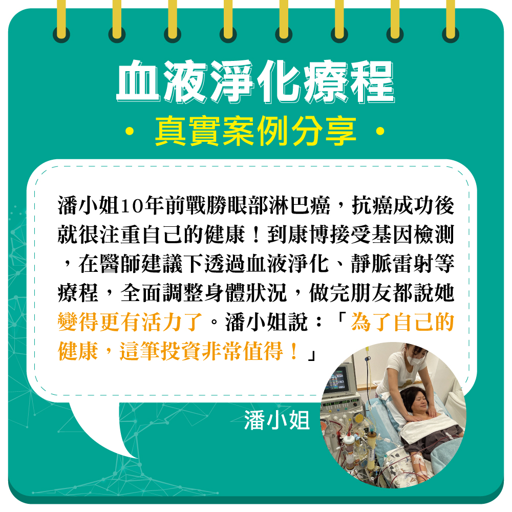 10年前潘小姐曾罹患眼部淋巴癌,靠強大的意志力戰勝癌症!最近她在康博接受基因檢測,並聽從醫師建議施作血液淨化、靜脈雷射等預防醫學療程,全面調整身體狀況後,現在她的膽固醇、三酸甘油酯等數值,都回歸到正常範圍,朋友都說她變得更加有活力。潘小姐說:「為了自己的健康,這筆投資非常值得!」