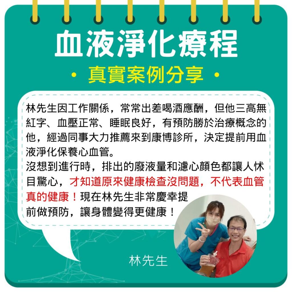 林先生因工作關係,常常出差喝酒應酬,但他三高無紅字、血壓正常、睡眠良好,但有預防勝於治療概念的他,經過同事大力推薦來到康博診所,決定提前用血液淨化保養心血管。沒想到進行時,排出的廢液量和濾心顏色都讓人怵目驚心,才知道原來健康檢查沒問題,不代表血管真的健康!現在林先生非常慶幸提前做預防,讓身體變得更健康!