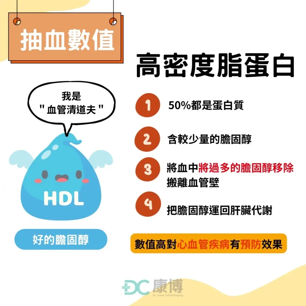 高密度脂蛋白膽固醇(HDL)中有50%都是蛋白質,並且含較少量的膽固醇,可在血液中將過多的膽固醇移除,搬離血管壁,運回肝臟代謝,故有「血液清道夫」之稱,並俗稱為好的膽固醇。