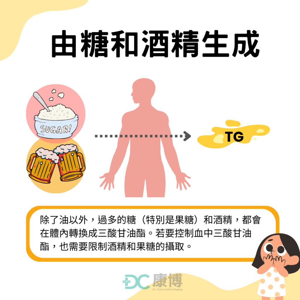 除了油以外,過多的糖(特別是果糖)和酒精,都會在體內被轉換成三酸甘油酯,若要控制血中三酸甘油酯數值,也需要限制酒精和果糖的攝取。