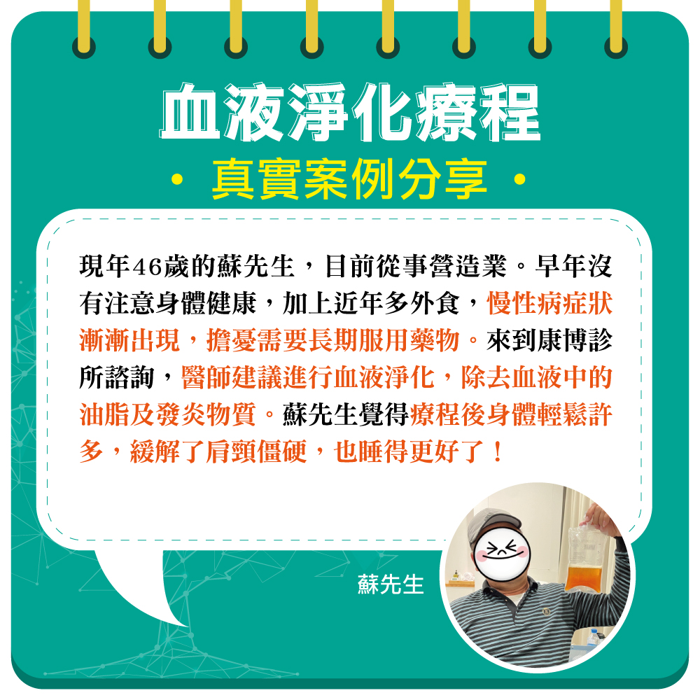 現年46歲從事營造業的蘇先生,因工作因素長期外食,年輕時也忽略了身體健康。導致目前開始出現慢性病症狀,在醫師建議下施作血液淨化療程,將體內的發炎物質及油脂清除。療程過後,身體整個輕鬆了起來,睡眠品質也大幅提升。