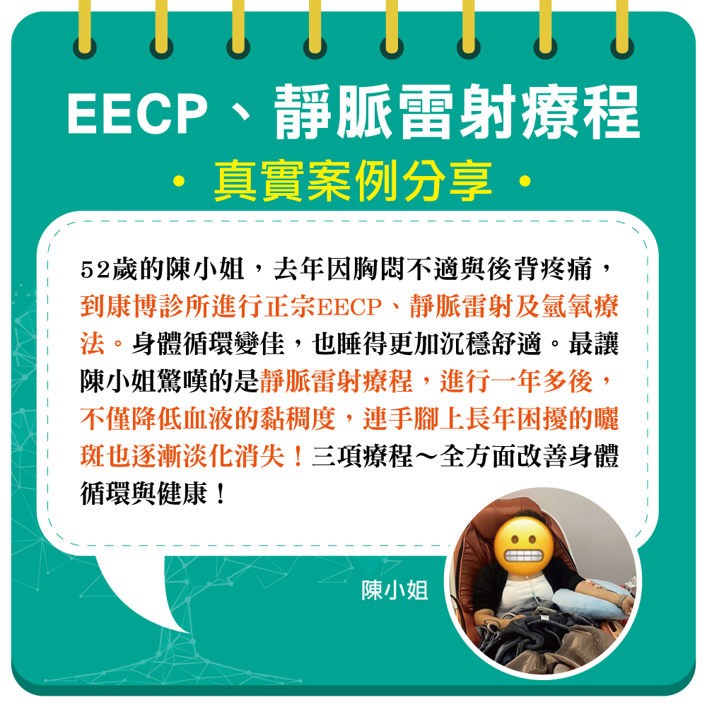 今年52歲的陳小姐,去年三月開始感到胸悶及後背疼痛,在康博診所進行正宗EECP、靜脈雷射及氫氧療法。身體循環逐漸改善,不僅睡眠品質變得更好,多年來手腳上的曬斑也逐漸淡化消失。
